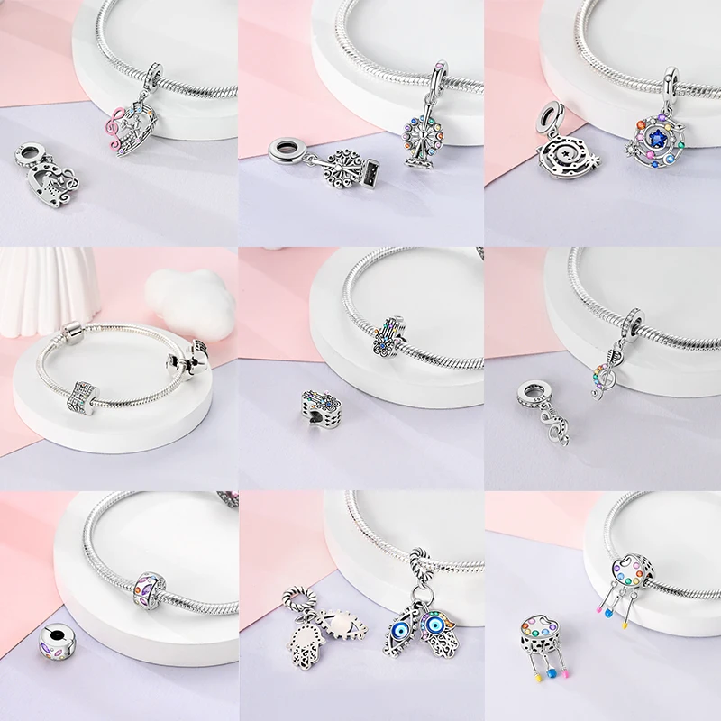 925 Sterling Silber Bunte CZ-Charm-Perlen Herz Baum des Lebens Elefant Hamsa Pfote Sonne Mond für DIY Armband Halskette Geschenk – Detail 5