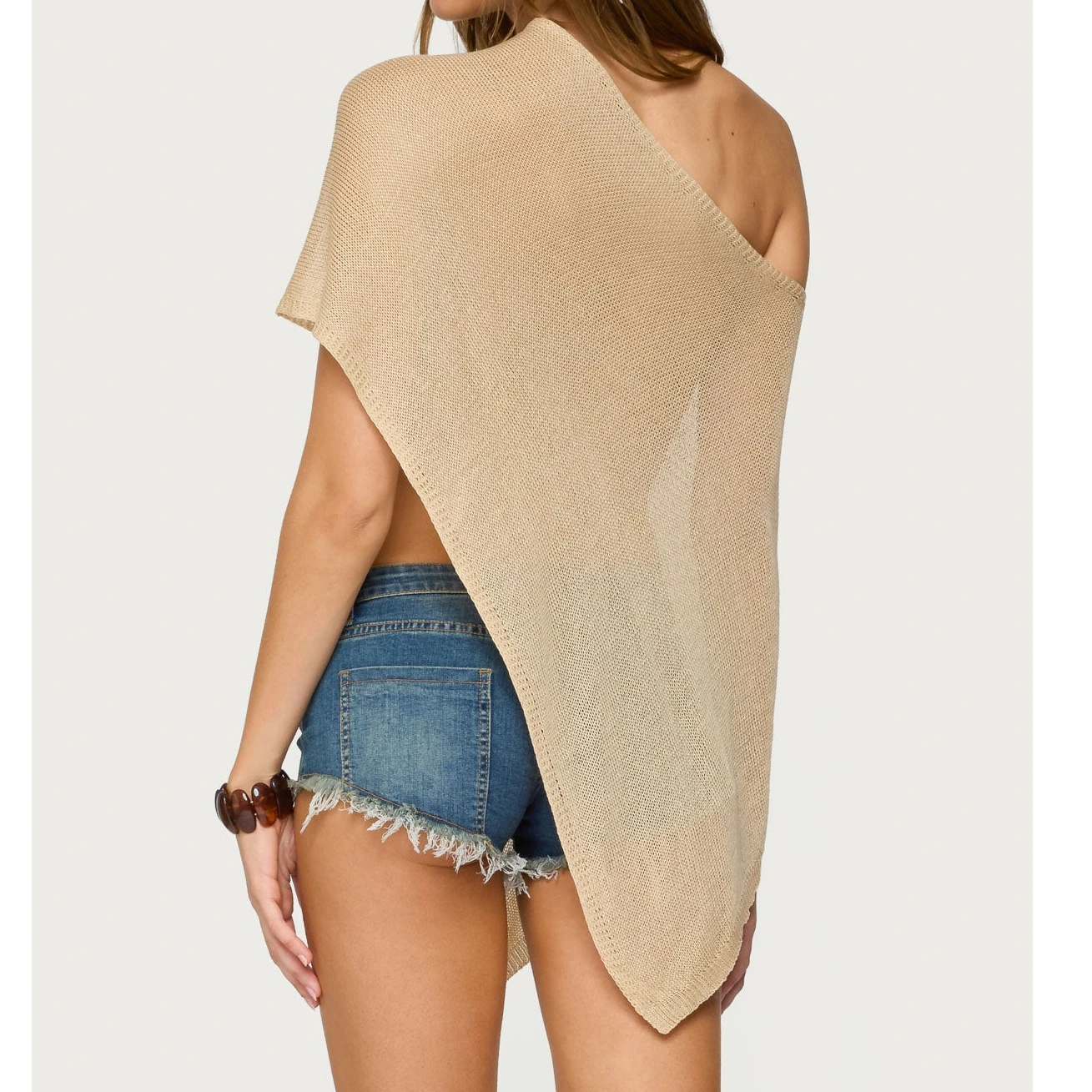 Transparente Designer-Ponchos für Damen, schulterfrei, kurzärmelig, einfarbig, elegante T-Shirts, asymmetrische Strickpullover