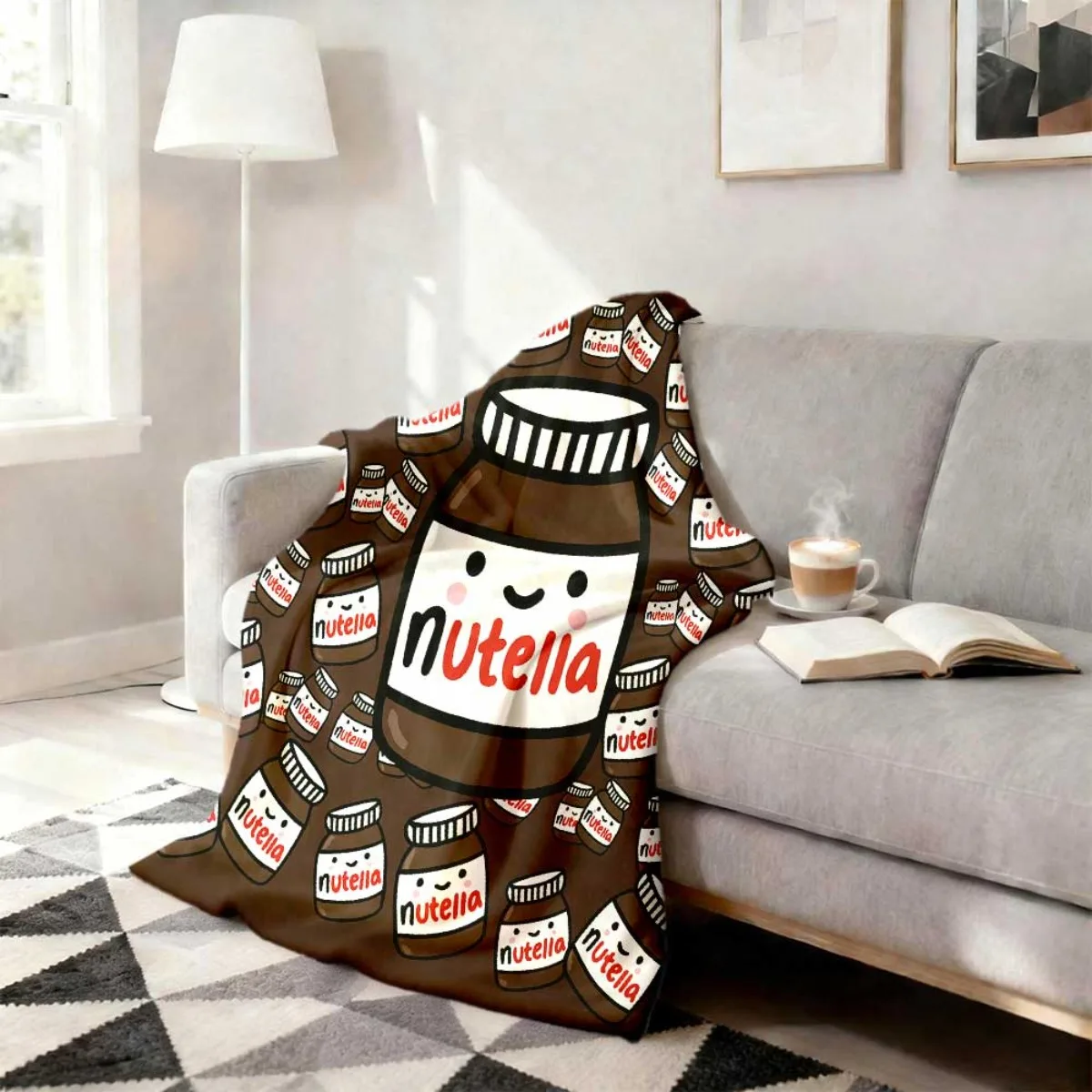 2026 New Release 1pc Cozy Nutella Cartoon Fleece Blanket Soft, Warm, and Tear-Resistant, Brown with Playful Nutella Bottle Desig