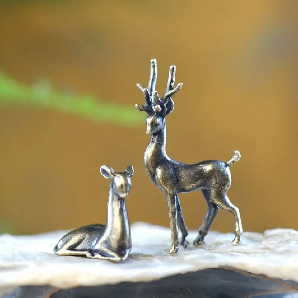 Copper Alloy Sika Deer Ornament Mini Retro Vintage Animal Figurines Vivid Anti-rust Sika Deer Miniatures Tabletop Decor