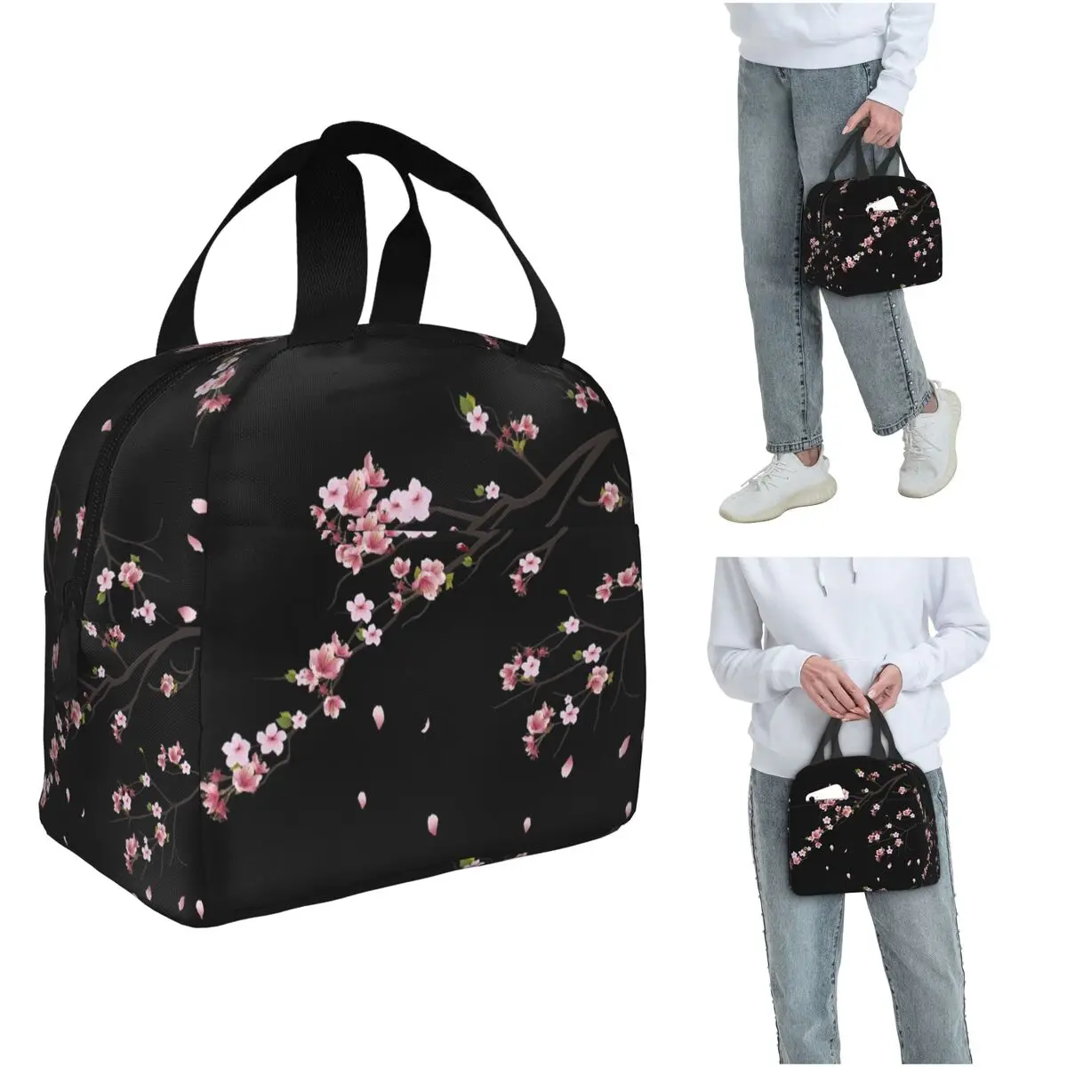 Japanese Sakura Cherry Blossoms Insulated Lunch Bag for Women Kids Portable Food Boxes Thermal Lunch Box Tote
