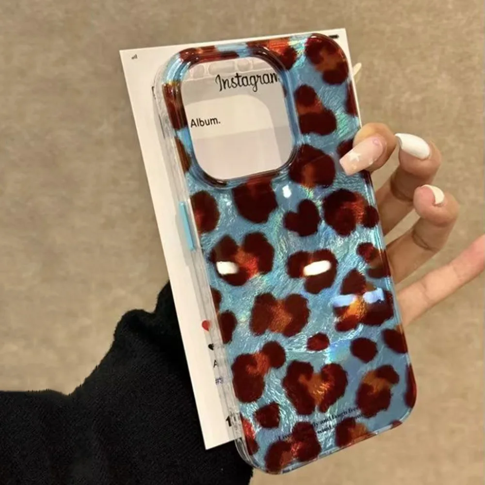 Blue Background Brown Leopard Print Phone Case For iPhone 16 15 14 13 12 11 Pro Max XS X XR 7 8 Plus SE 2022 Clear Bumper Cover