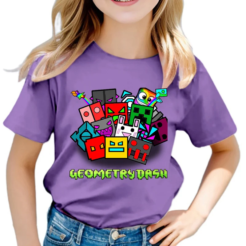 Game Geometry Dash T-Shirt Kids Cartoon T Shirts for Boys Graphic Tops Tees Toddler Girls Short Sleeve Tshirt Children Clothing