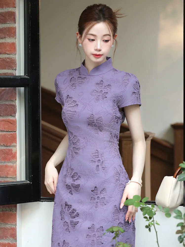 

Фиолетовое китайское платье-ципао с вырезами, коротким рукавом, винтажный молодежный дизайн, традиционное, для повседневной носки, женская модная одежда