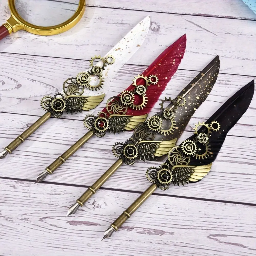 Retro Punk Dipped in Water Pen Replaceable 5 Nib Vintage Luxury Metal Signature Pen European Style Fountain Pen Feather Pen
