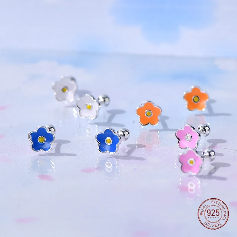 Orecchini a bottone con fiore in argento sterling 925 per ragazze, pianta carina, osso dell'orecchio, vite per unghie, orecchino per bambini, gioielli penetranti da donna