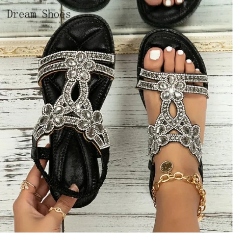 

Large Size 35-43, Summer Fashionable Rhinestone Flat Sandals, Bohemian Style Comfortable Women'S Shoes For The Beach