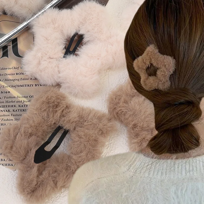 New Korean Fashion Winter Plush Y2K Star BB Hair Clips for Women Girls Cute Fluffy Side Bang Hairpins Headdress Hair Accessories