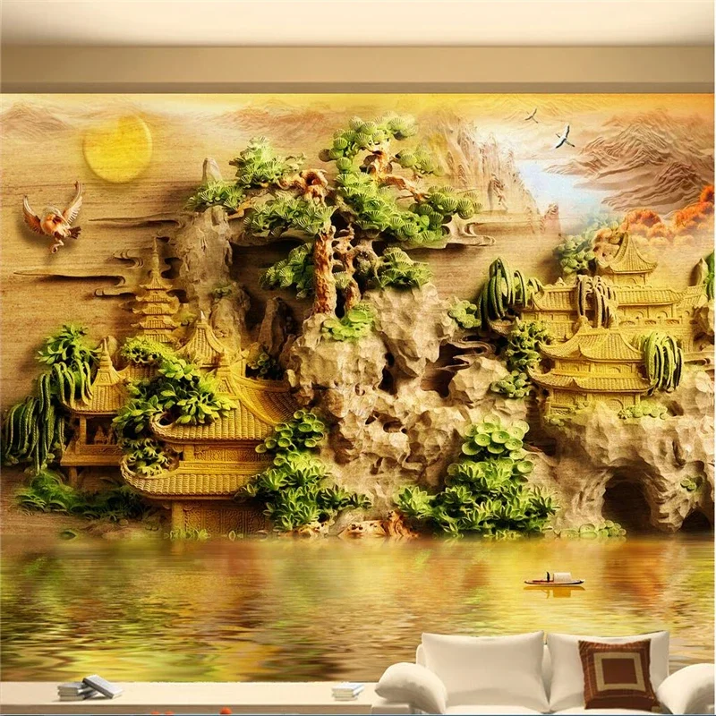 

Custom wallpaper 3d mural beautiful mountain mountain relief backdrop wall Sendai pavilion jade carved Living room bedroom mural