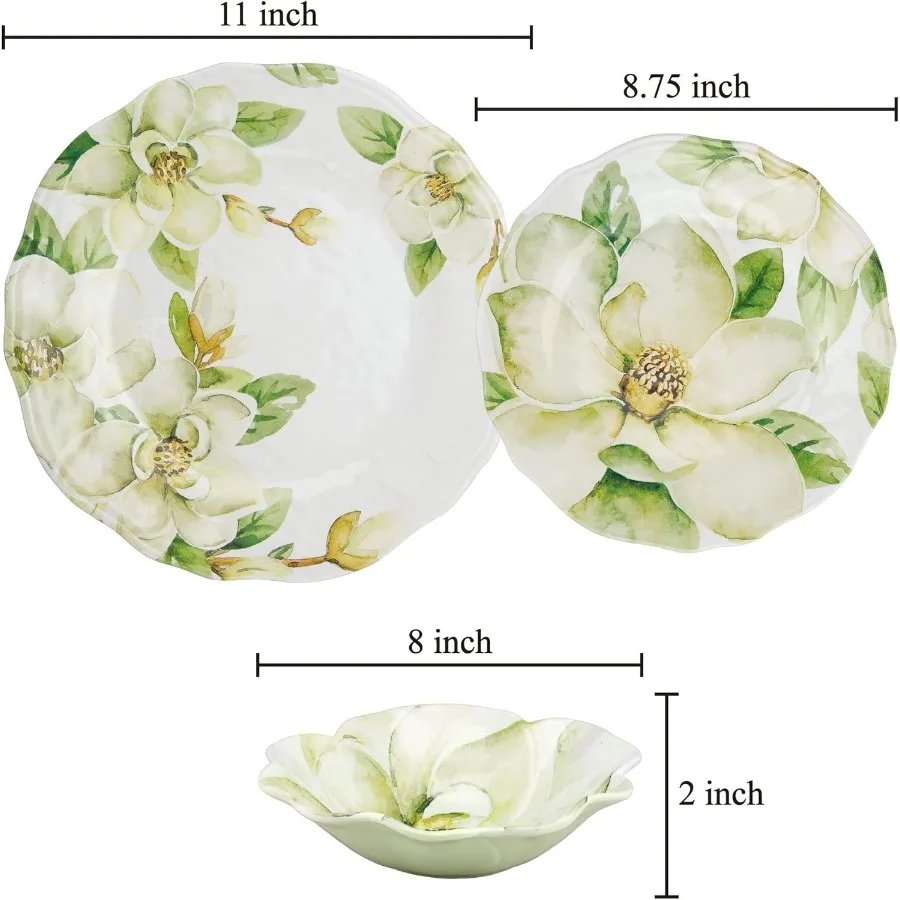 Conjuntos de louças de melamina magnólia de 12 peças, conjunto de pratos ao ar livre, conjuntos de pratos e tigelas, serviço para 4, verde