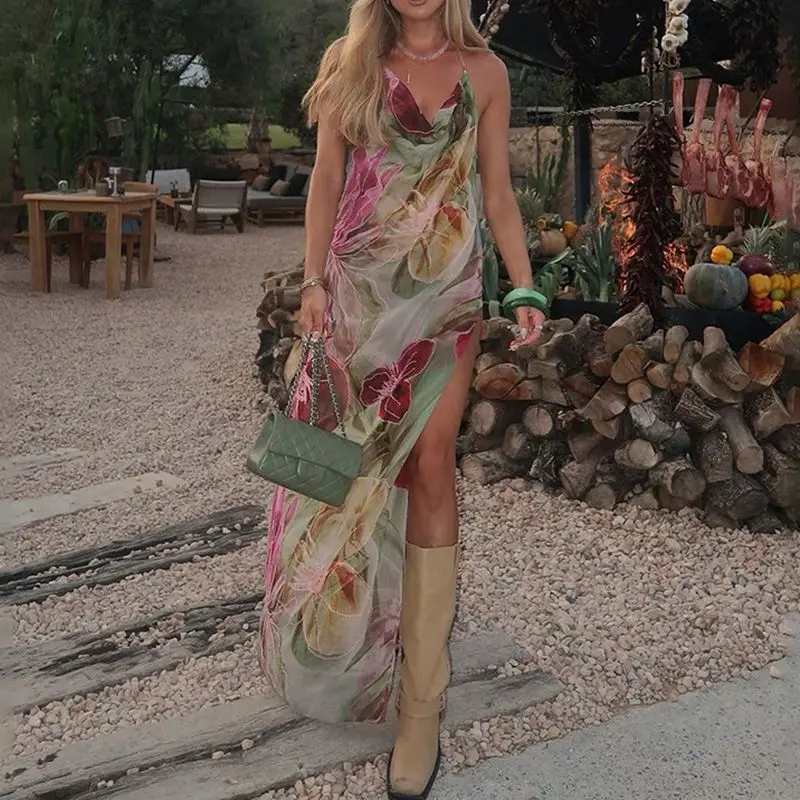 Combhasaki Donna Estate Boho Beachwear Catena di metallo Halter Collo ad anello Senza maniche Stampa floreale Backless Abito lungo con spacco alto Cami