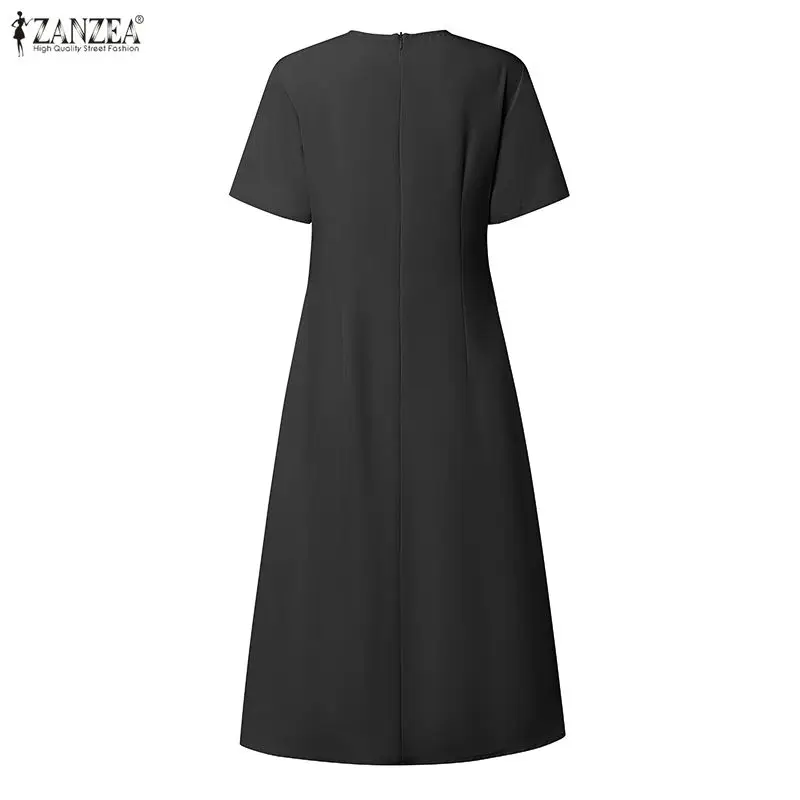 ZANZEA Damen-Kleid, elegant, schick, plissiert, Midikleid, Sommerkleid, stilvoll, O-Ausschnitt, kurzärmelig, A-Linie, OL-Arbeitskleider, einfarbig, Vestidos – Detail 18