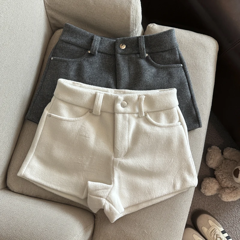 

Женские осенне-зимние широкие шорты из шерсти с высокой талией, женская уличная одежда, однотонные базовые короткие брюки с карманами