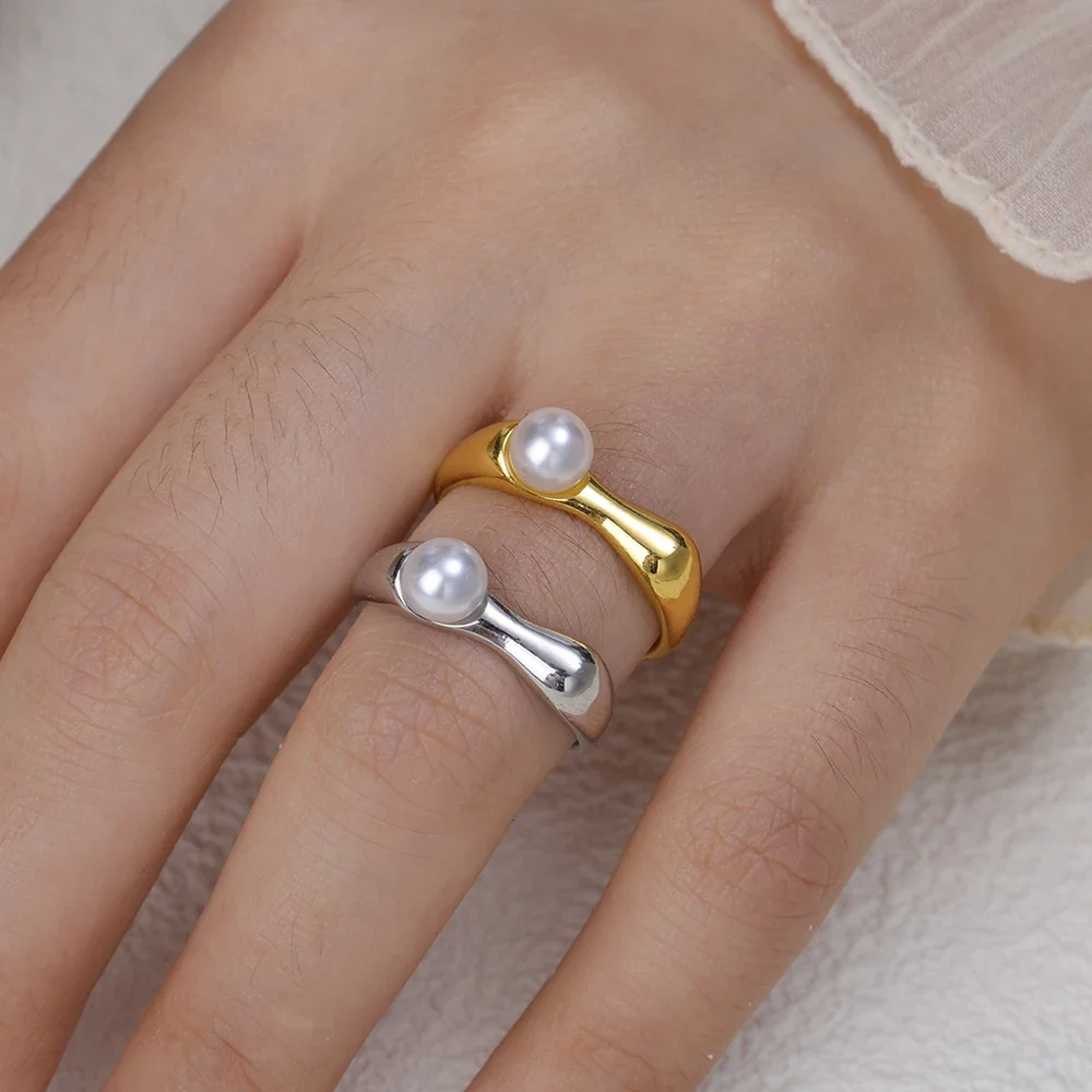 Fashion Silver Gold Pearl Rings for Woman Girls Simple Wedding Engagement Fine Ring Free Shipping Wedding Jewellery Gift