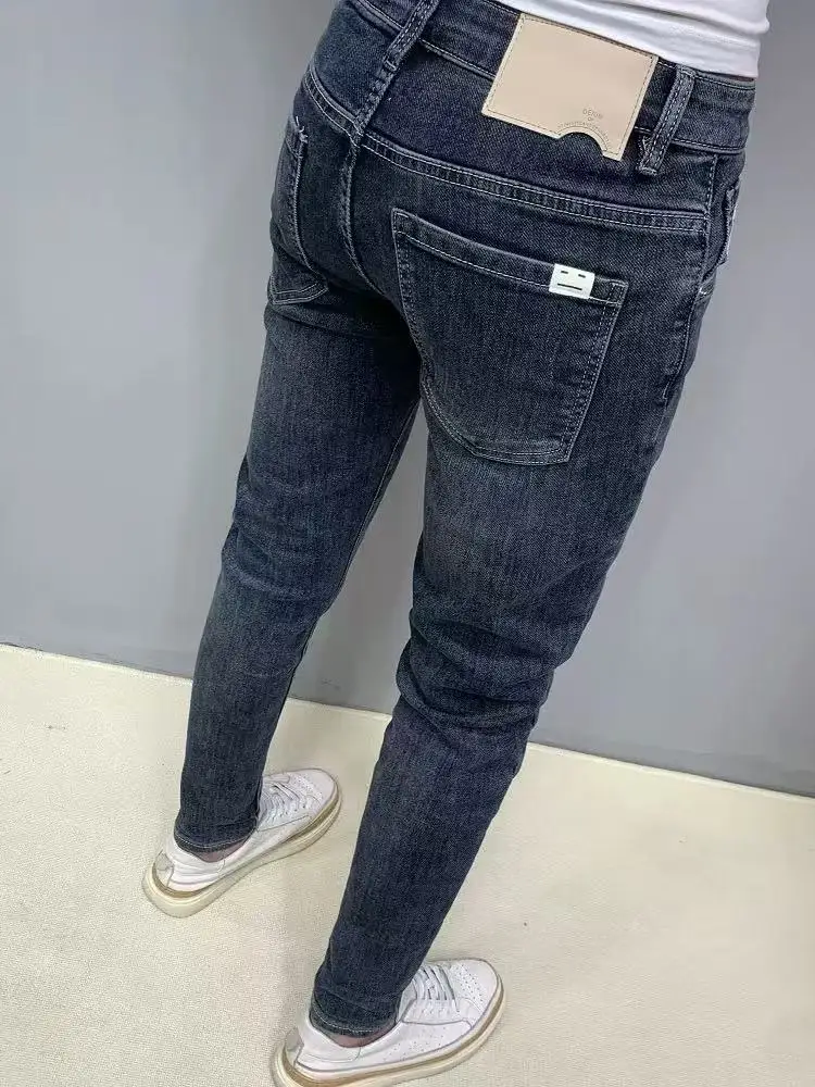 

Men's Slim Fit Denim Jeans Soft Elastic Nine Point Blue Grey Washed Versatile Casual Cotton Polyester Blend Autumn Spring