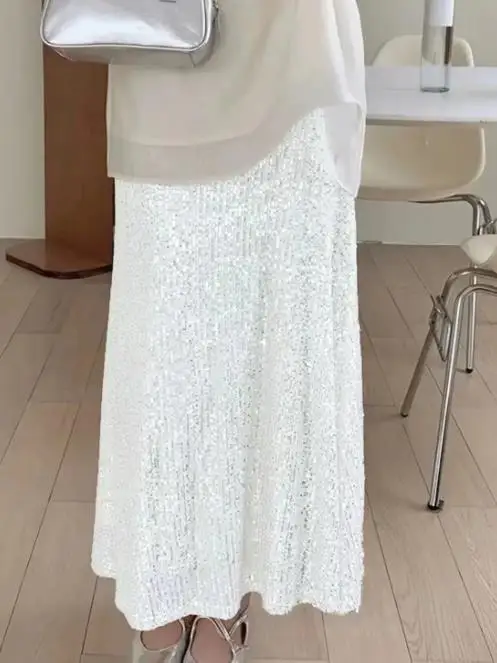 

2025 New Fashion Elegant Sexy Latest Style Sequins Elastic High Waisted Lining Elastic Drape Half Skirt Long Skirt for Women