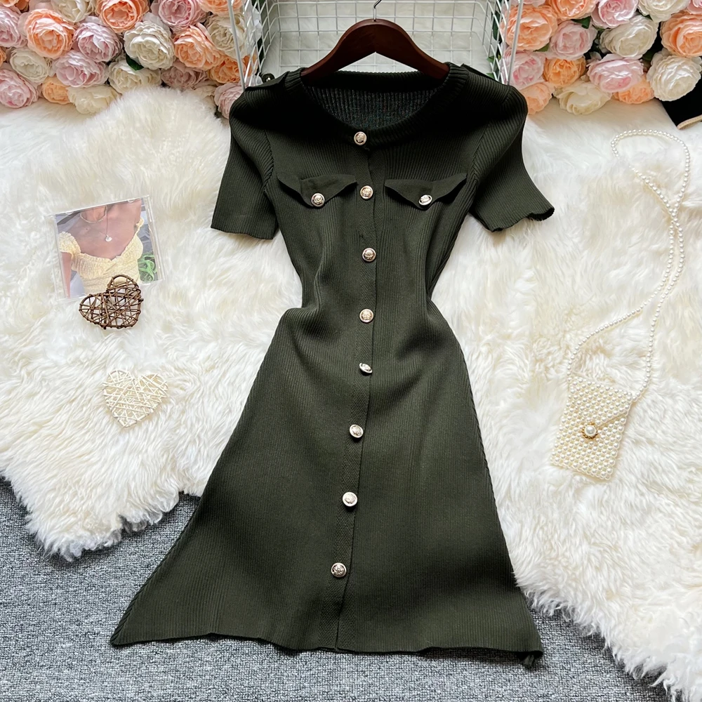 

YuooMuoo Chic Fashion Sexy Wrap Hips Knitted Mini Dress Women Epauletd Single-breasted Slim Elastic Aesthetic Summer Dress