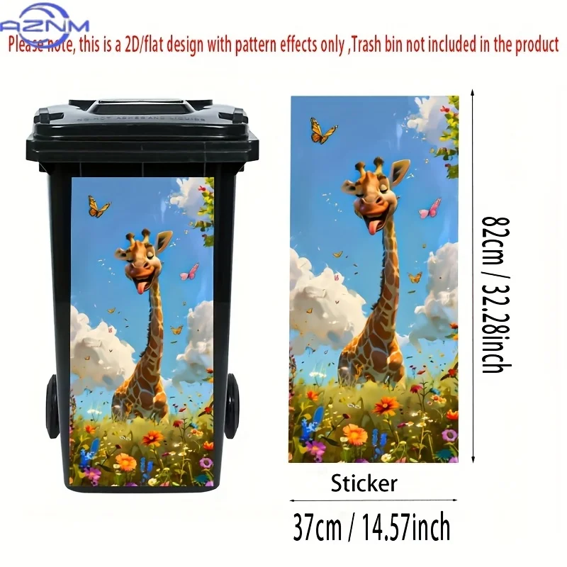 Trash Can Sticker. 37.01*81.99cm. Giraffe, Butterflies and Flowering Plants Pattern. Cheerful and Childlike. Creative Trash Ca view 3