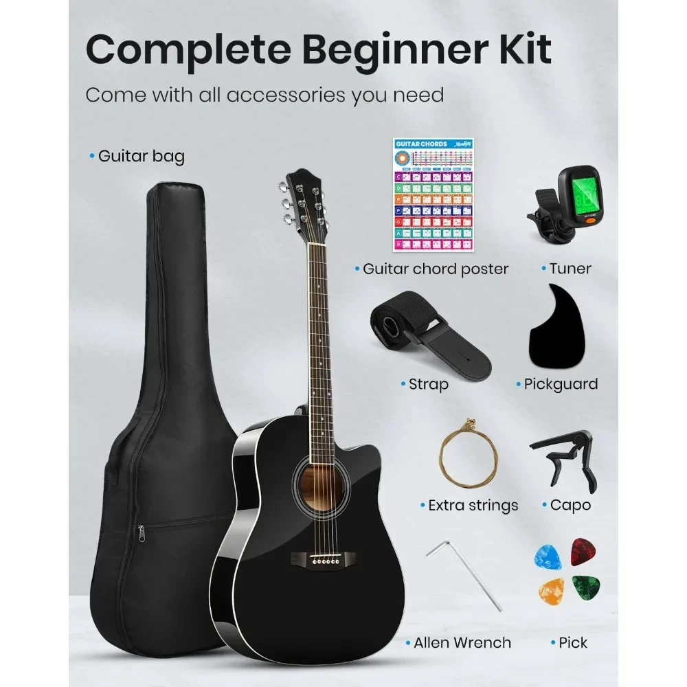 Acoustic Guitar for Full Size with Chord Poster, Gig Bag, Tuner, Picks, Strings, Capo, Strap Right Hand,for Beginner Adult Teen