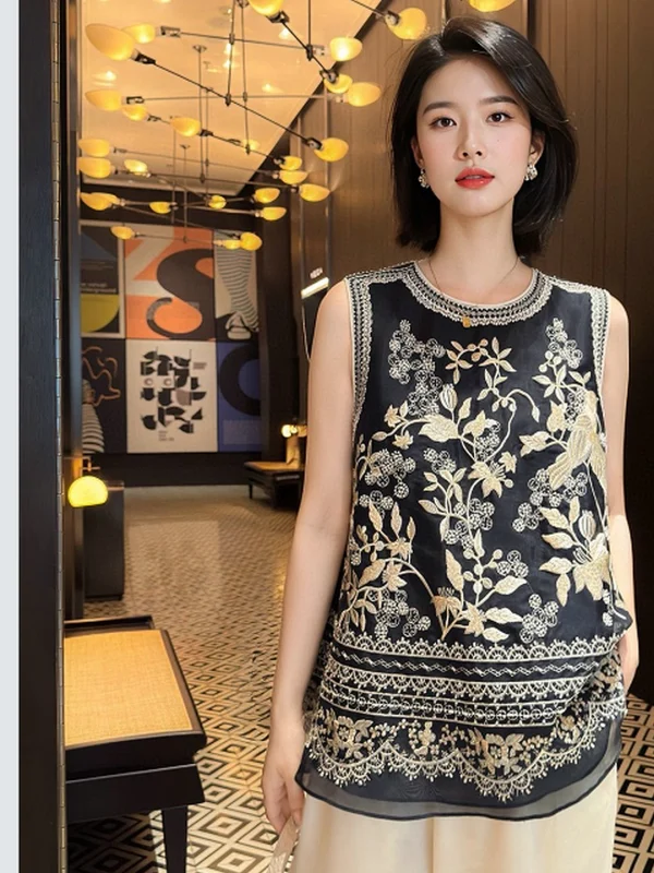 

New Chinese Sle Silk Lace Embroidery Top Svel Vintage Summer irt Thin Material Comfortable to Wear Casual Workwear