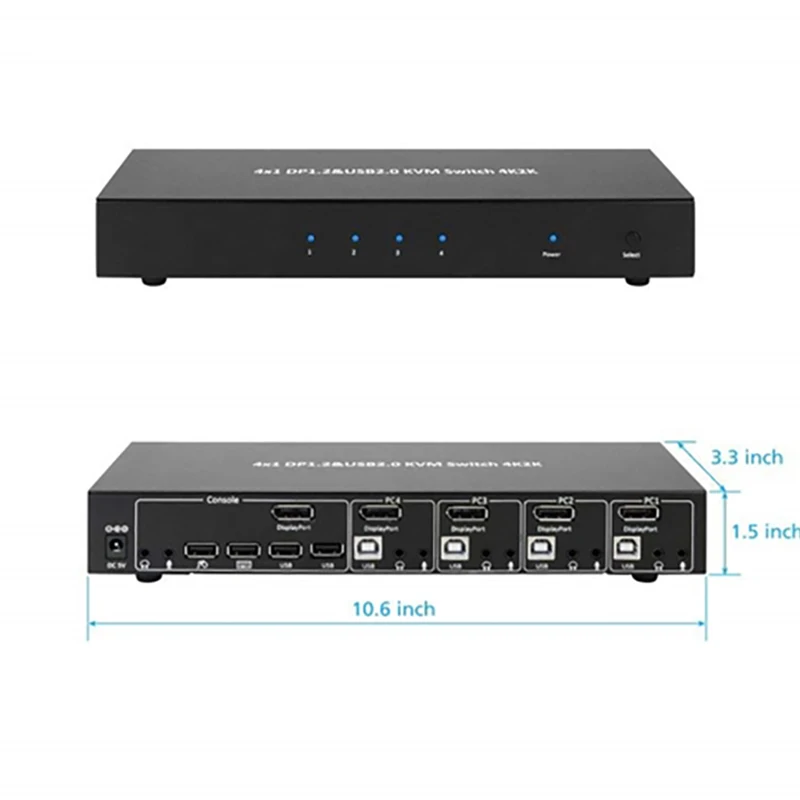 4x1 DisplayPort  1.2 & USB 2.0 KVM Switch Metal Housing w/ USB Keyboard, Mouse, Audio & Microphone Port w/Power Adapter