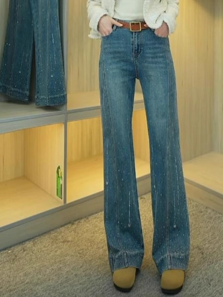 

High Waist Wide Leg Bell Bot Jeans Blue Elastic Stretchy Glittering High Heels Slimming Floor Length Casual Sle