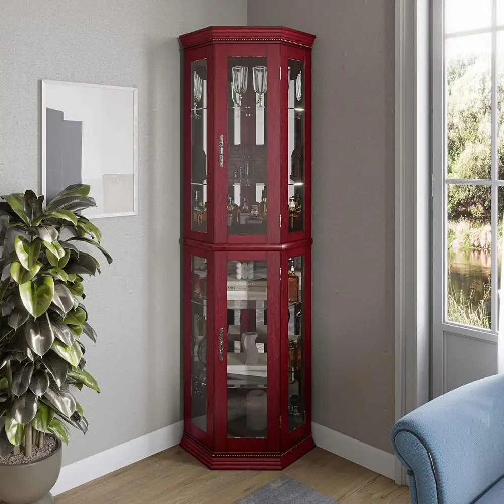 

Шкаф для сувениров из вишневого дерева со стеклянной дверью, 2-секционными стеллажами, 6 полками для хранения бар и спиртных напитков