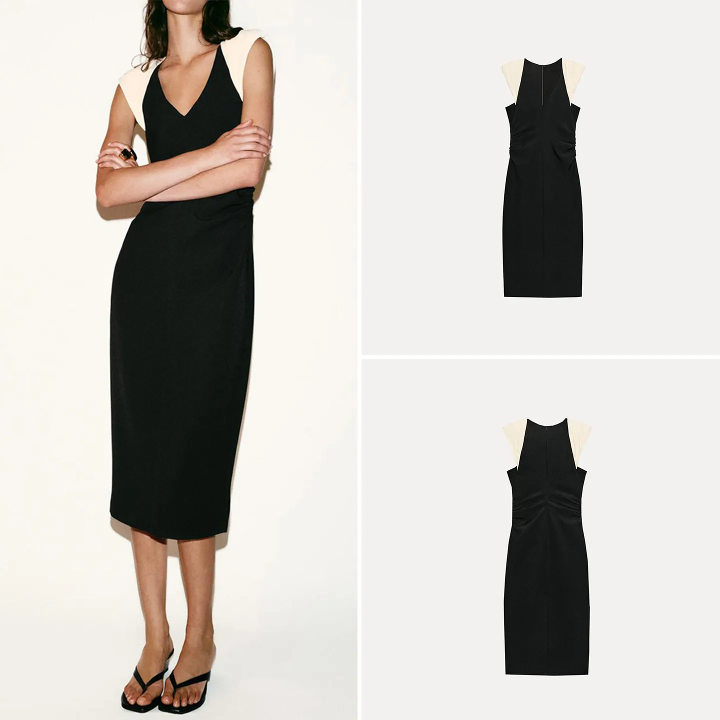 

Fashionable Midi Dress Women's Summer 2026 New Style Versatile Shoulder Pad Splicing Dress Simple Style Straight Tube Dress
