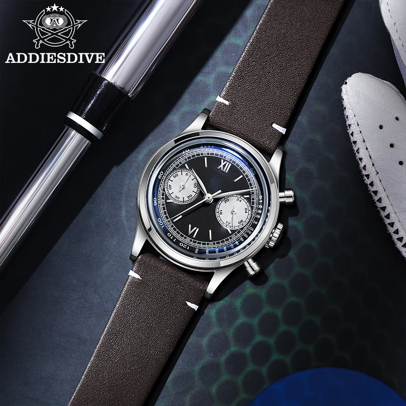 ADDIESDIVE Retro Quartz Watch for Men VK64 Multifunctional 24 Hour Chronograph Watches Bubble Mirror Glass 100m Dive Wristwatch