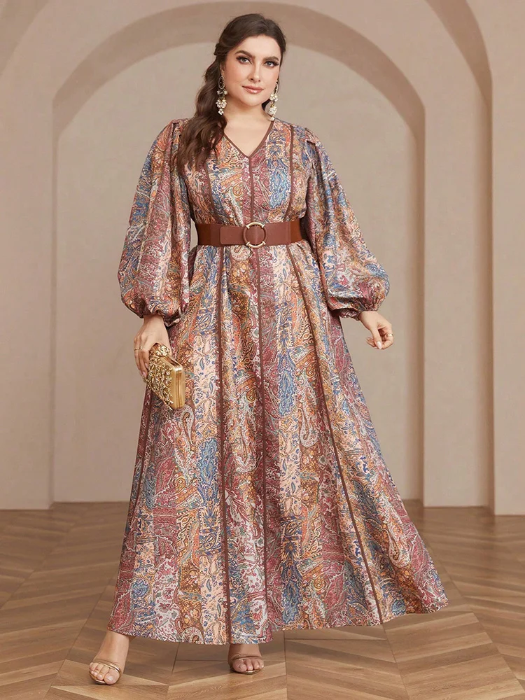 TOLEEN-Plus Size Women\'s Lantern Sleeve Long Dresses with Paisley Print, Elegant Belted Clothing, Bohemian Fashion, Summer, 2024