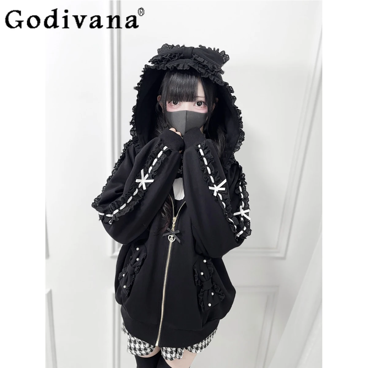 

Original Subculture Black Hooded Sweatshirt Autumn Winter New Girl's Sweet Cool Loose Zip Cardigan Jacket Women Cute Bow Coats