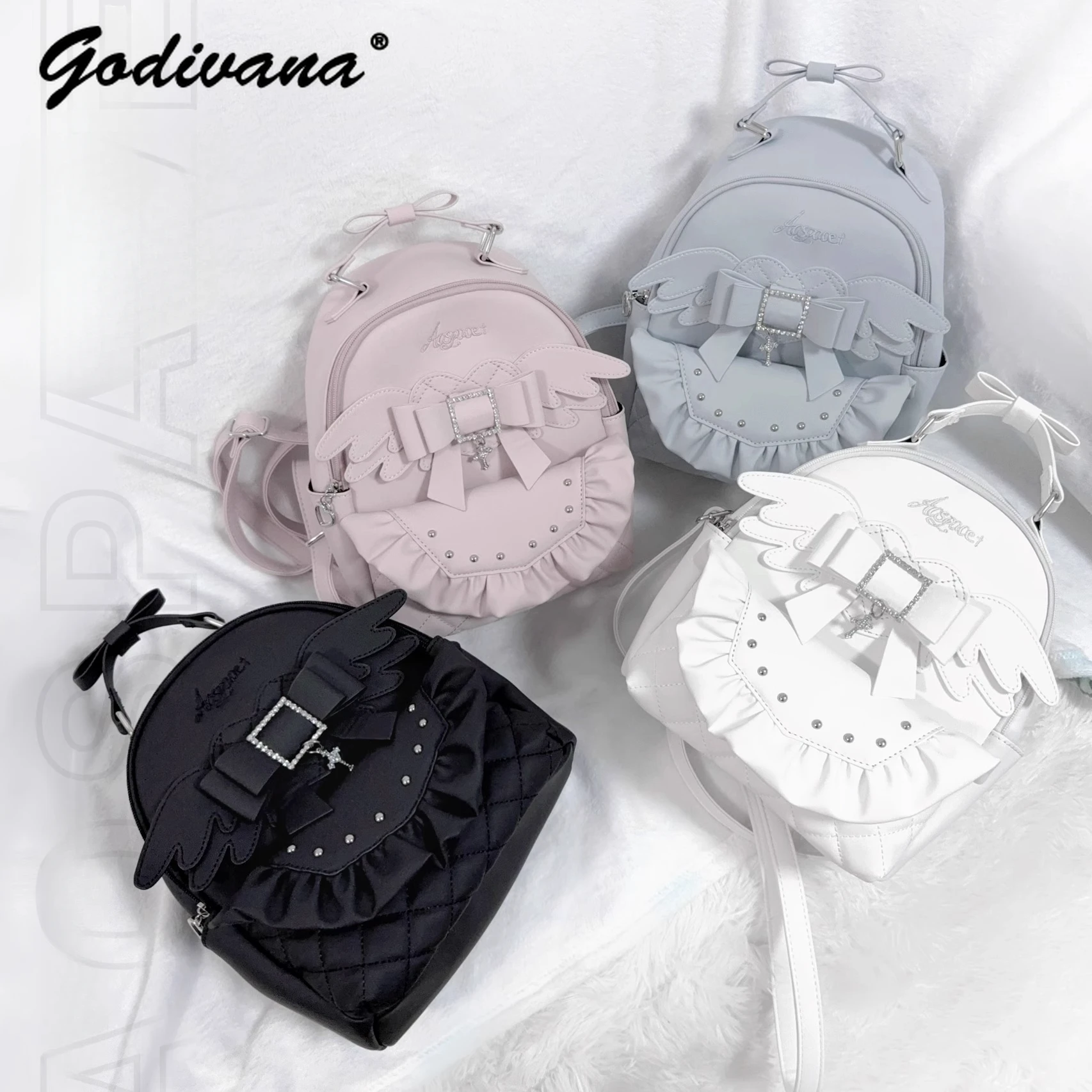 Japanese Mine Series Mass-produced Solid Color Love Wing Backpack Girl Women's Small Shoulder Bag Black and White Tote Bags