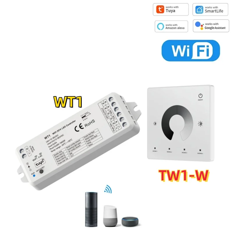 WT1 Tuya WiFi LED Dimmer Controller DC12V-36V 2CH Smart RT1/2 TW1/2 2.4G RF Wireless Remote Dimmer Switch WW CW CCT Controller