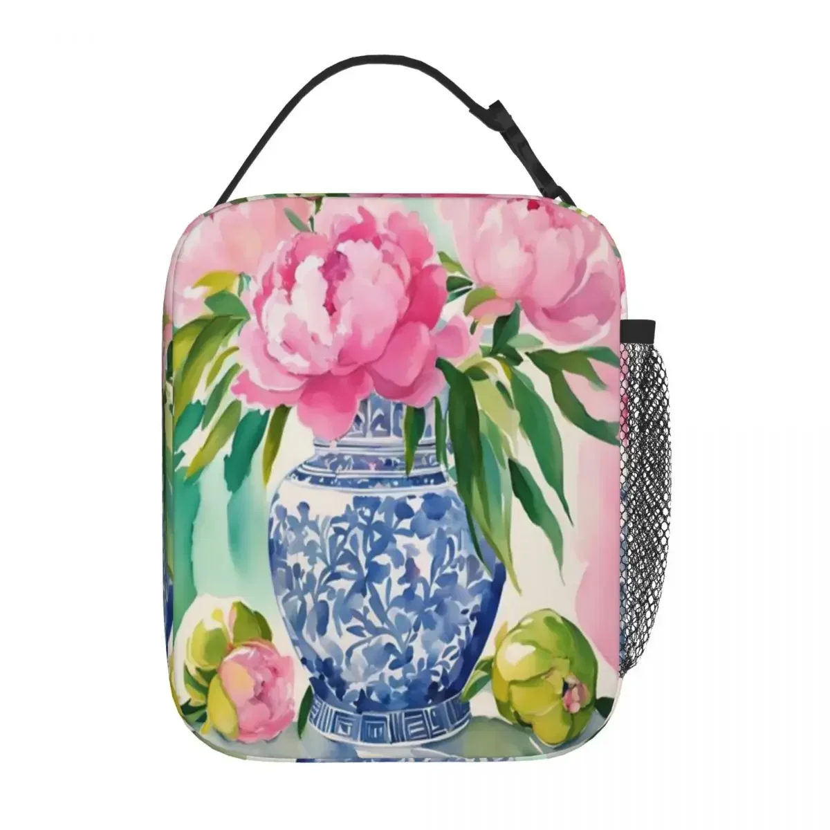 Hot Sale Pink Peonies In Ginger Jar Plant Print Compact Lunch Bag Field Work Meal Insulated Tote