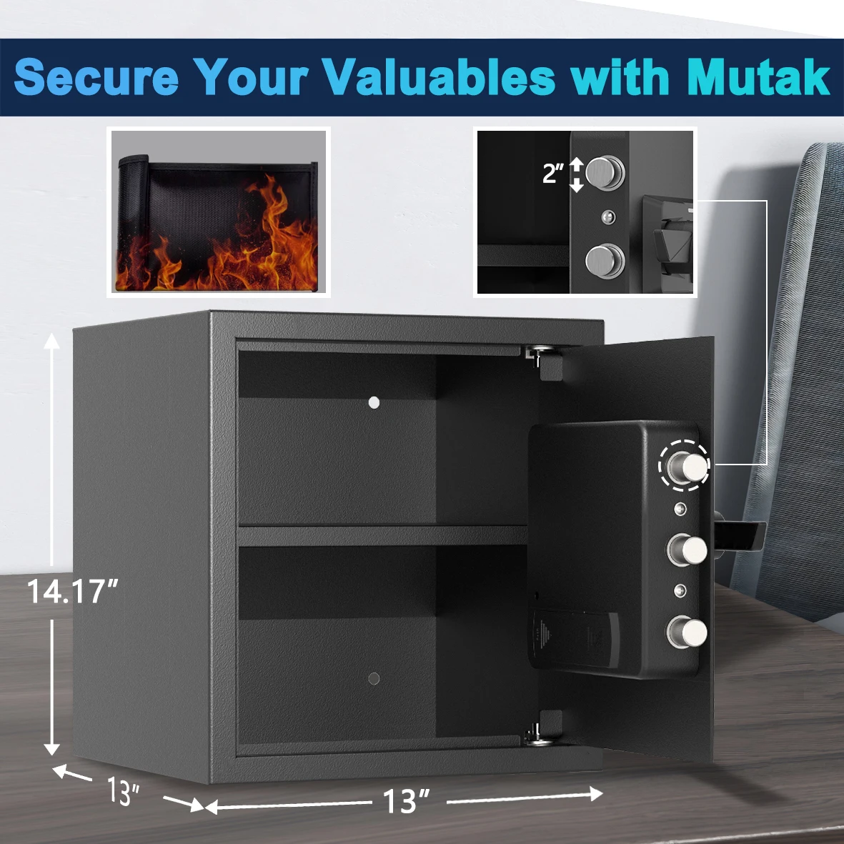 Mutak 1.5 Cub Biometric Safe Box with Fireproof Bag,Home Security Safe Fingerprint Recognition Money Safe Box for Jewelry Valuab