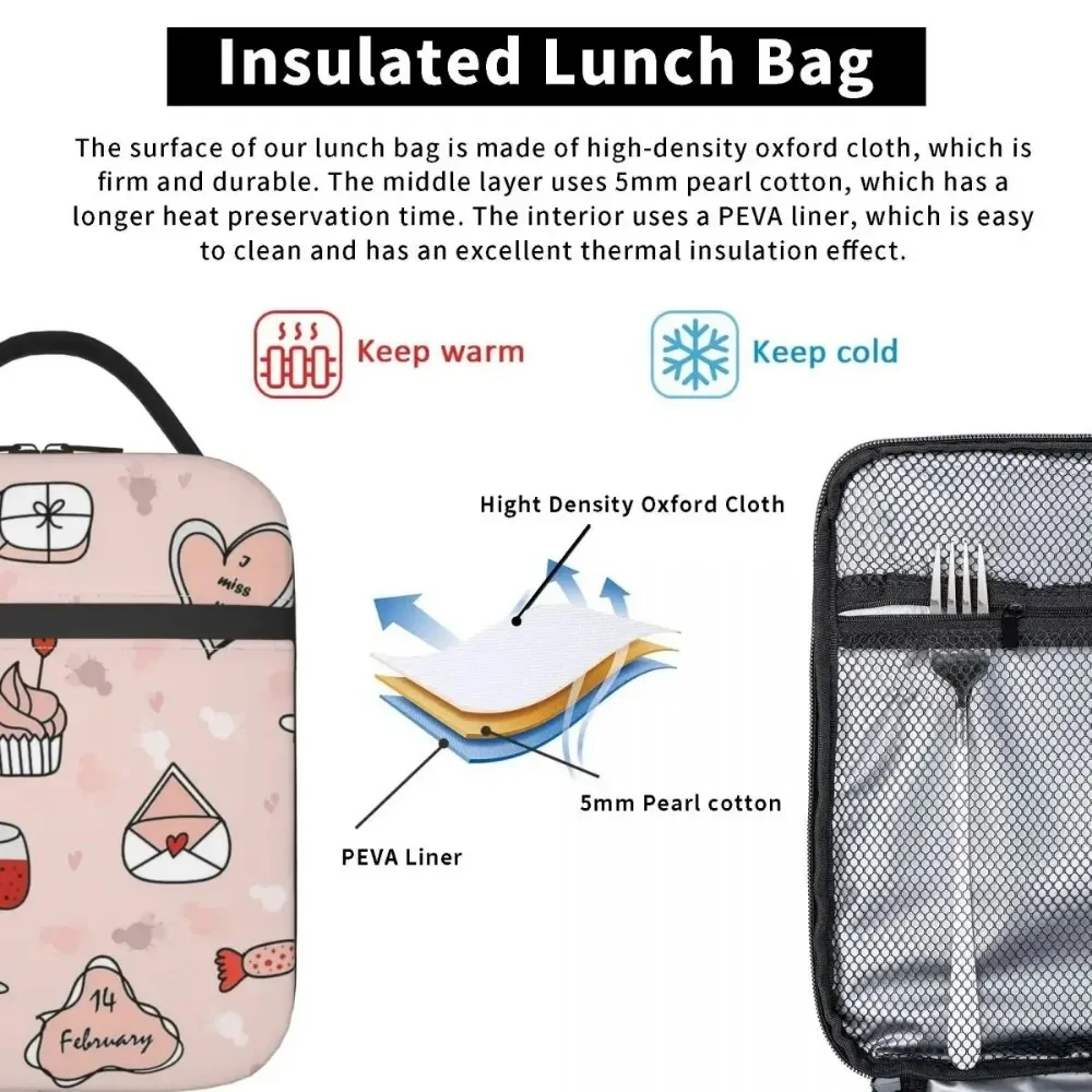 Bolsa de almuerzo con aislamiento térmico con patrón de dibujos animados para el Día de San Valentín, bolsa de comida reutilizable para Picnic, caja térmica para alimentos más fresca