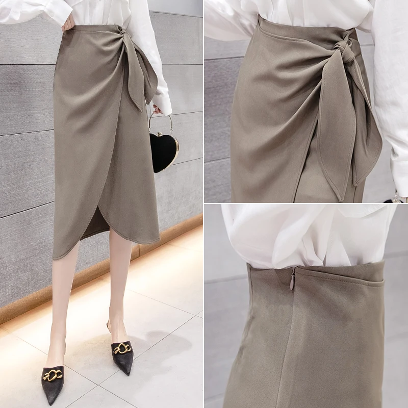 Office Lady Elegant High Waist Asymmetrical Midi Skirt Women\'s Autumn Spring Fashion Long Skirt Female Sexy Slit Skirt