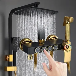 Black Gold Shower Set SDSN Thermostatic Bathroom  System Rainfall  Head Brass   Faucet