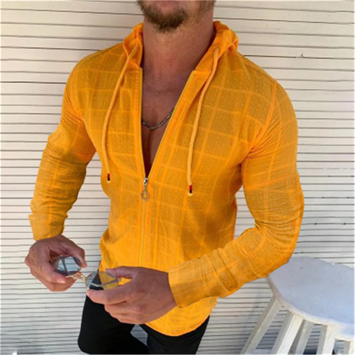 Summer Men's Casual Beach Hooded Sun Protection Long Sleeve Top Travel Solid Color Zipper Fashion Sports Sun-Protective Clothing