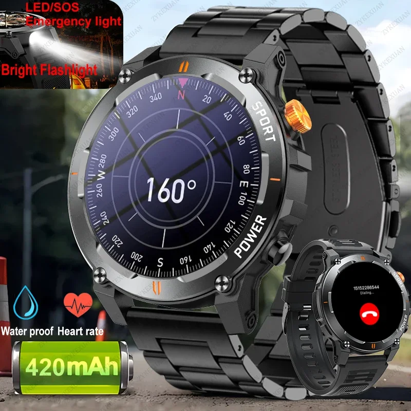 2024 New Men's Outdoor Sports Smartwatch - with Flashlight & Compass. Heart Rate Monitor Bluetooth Call. Waterproof Stylish Tech