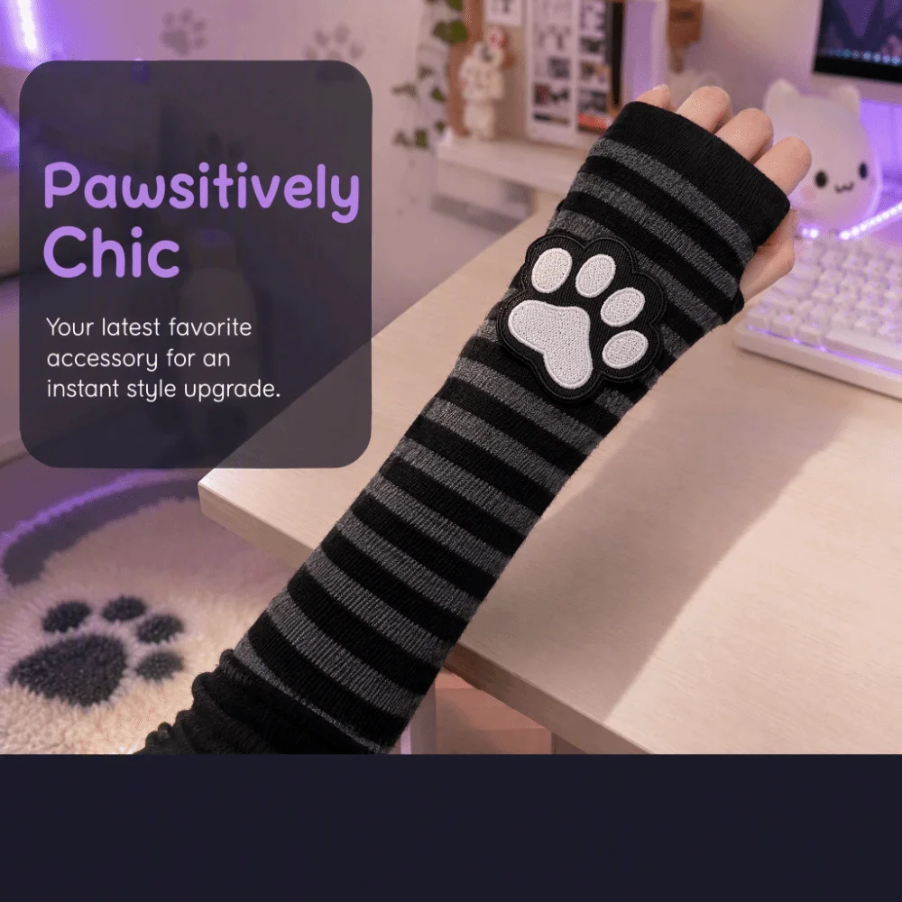 Cute Cat Claw Striped Pattern Fingerless Gloves Black Sun Protection Arm Cover Long Tube Design Sleeves Gloves Cosplay Wear
