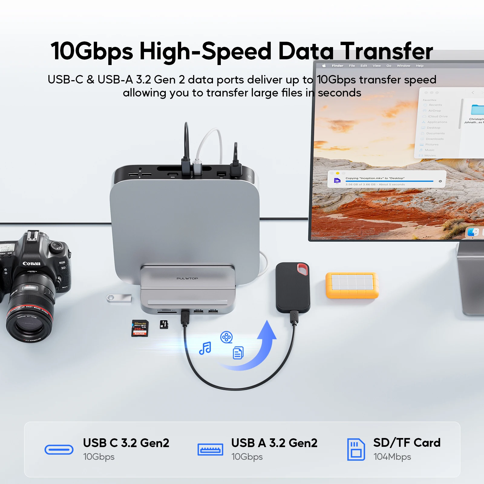 PULWTOP USB-C Stand Hub avec boîtier SSD pour Mac Mini, Mini Dock Mac Vertical 8 en 1, pour Mac Mini M2/M1 plus tard 2018