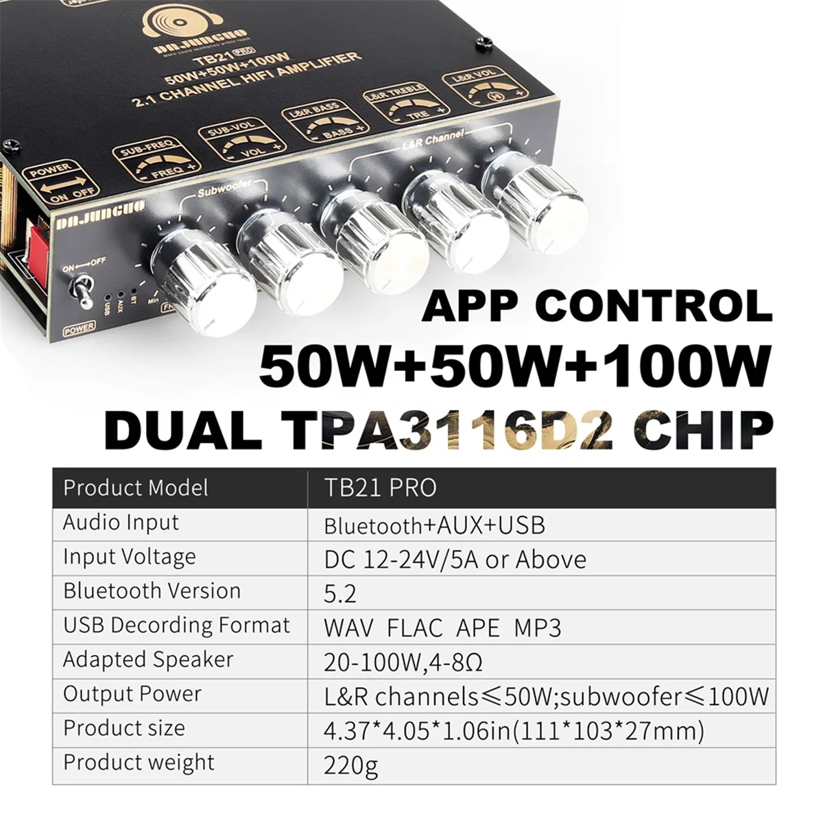 

FZFZ -TB21 PRO 2.1 Channel 5.2 Stereo Bluetooth Amplifier Board 50W+50W+100W Uses TPA3116D2 Chip AUX Amplifier