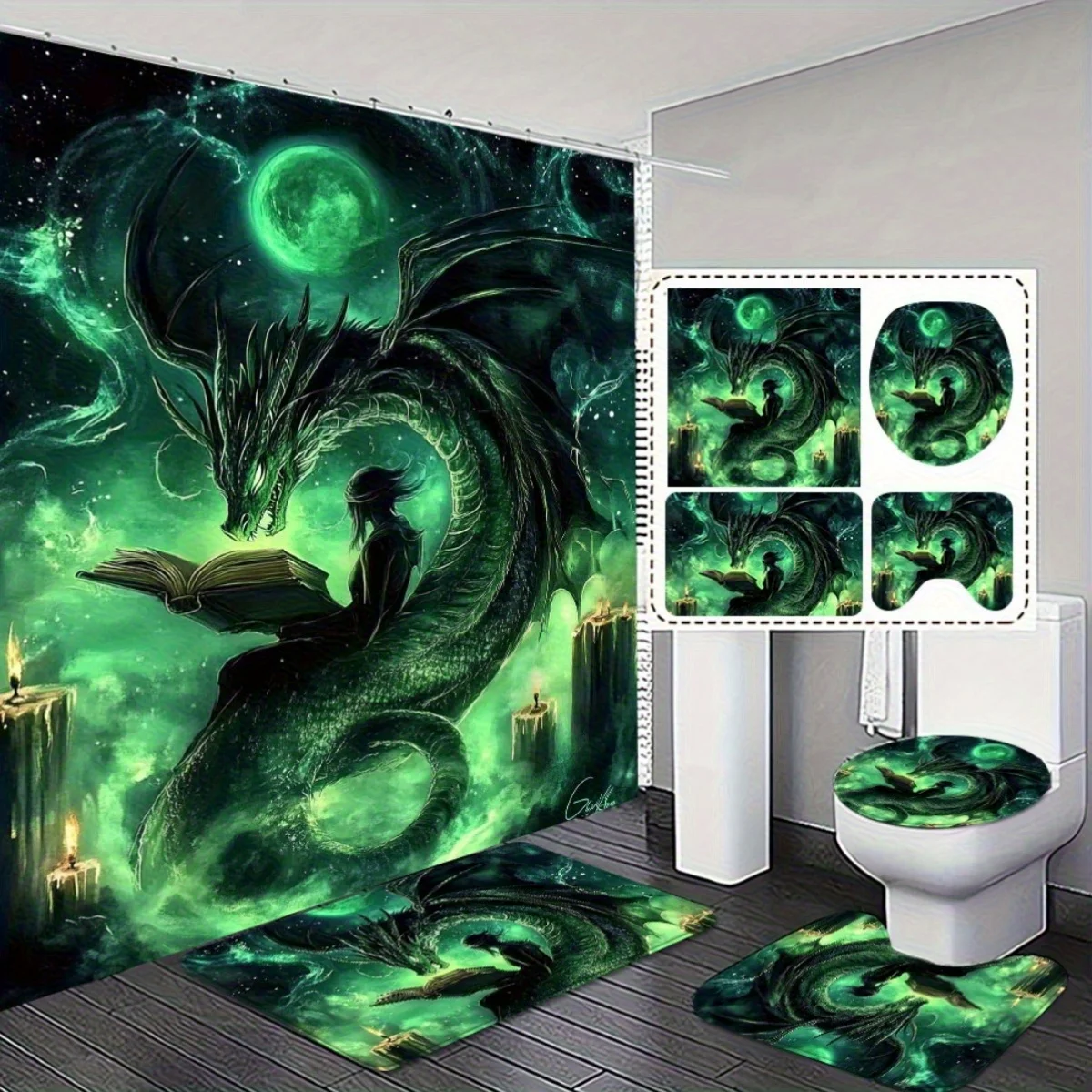 

4 шт., волшебная современная занавеска для душа с принтом дракона в стиле фэнтези и нескользящий коврик для ванной, набор для декора ванной комнаты, изысканный и практичный