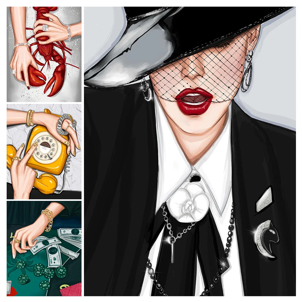 

Cartoon Girl Fashion Woman Bar Casino Crayfish Poster Wall Art Canvas Painting Home Decor Wall Pictures For Living Room Unframed