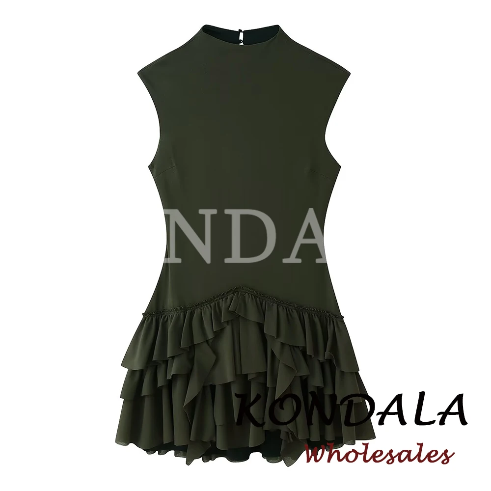 KONDALA Chic Sexy Green Fashion 2026 Woman Mini Dress Evening Party Spring Tiered Dress Sleeveless Solid Slim Female Vestidos