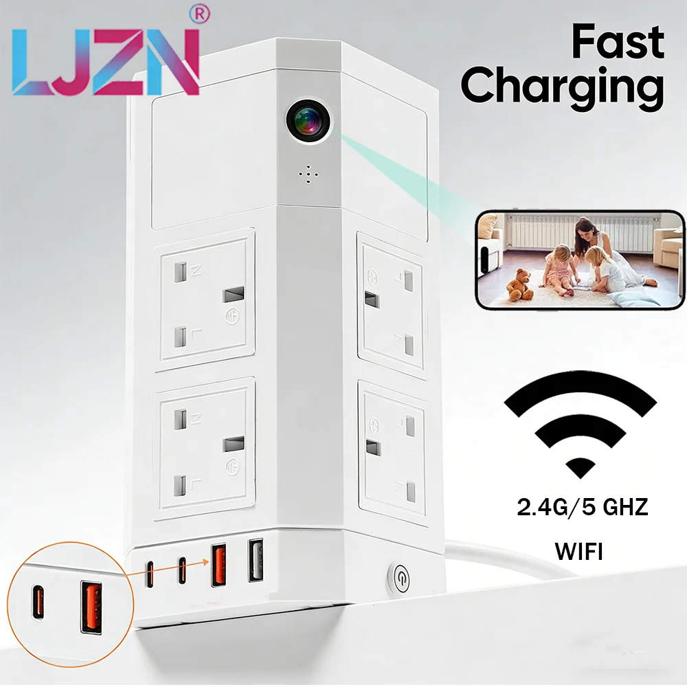 

3K 5MP Desktop Power Strip with Camera 8X Zoom HDR Indoor Security Camera Smart Motion Sensor USB-C Hub Station Home Pet Monito