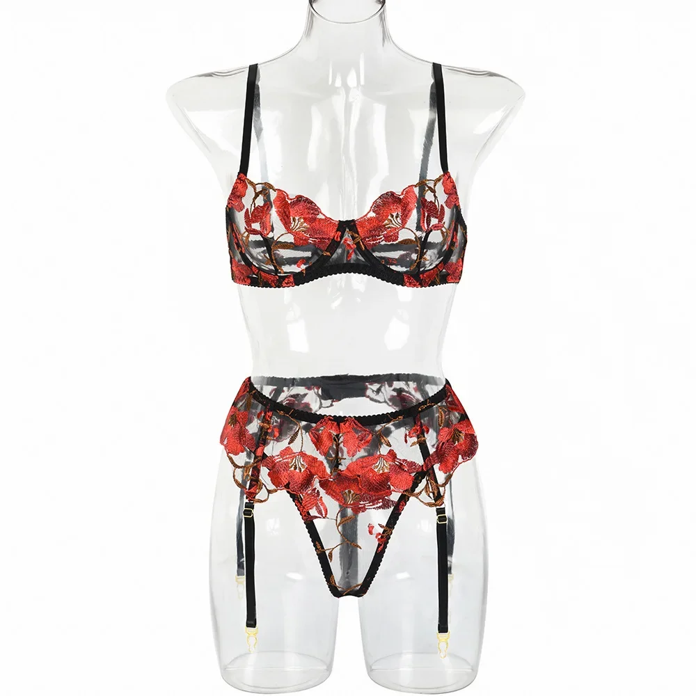 

Women Sexy Lace Exotic Set Flower Embroidery Micro Bikini Thong Underwear Ladies Lingerie See Through Bra Set Exotic Apparel