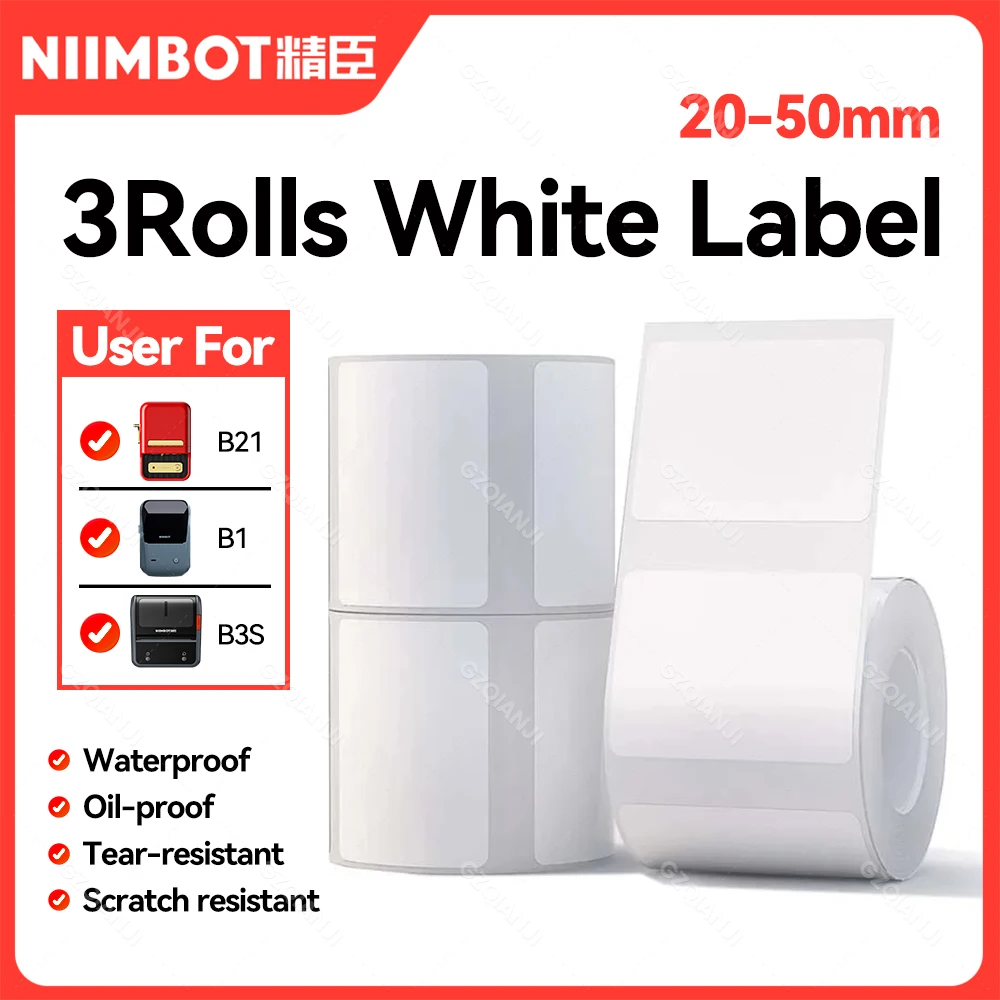 3 Rolls Niimbot Label Sticker Paper Roll Waterproof For B1 B21 Mini Portable Thermal Self-Adhesive Maker official Printer White