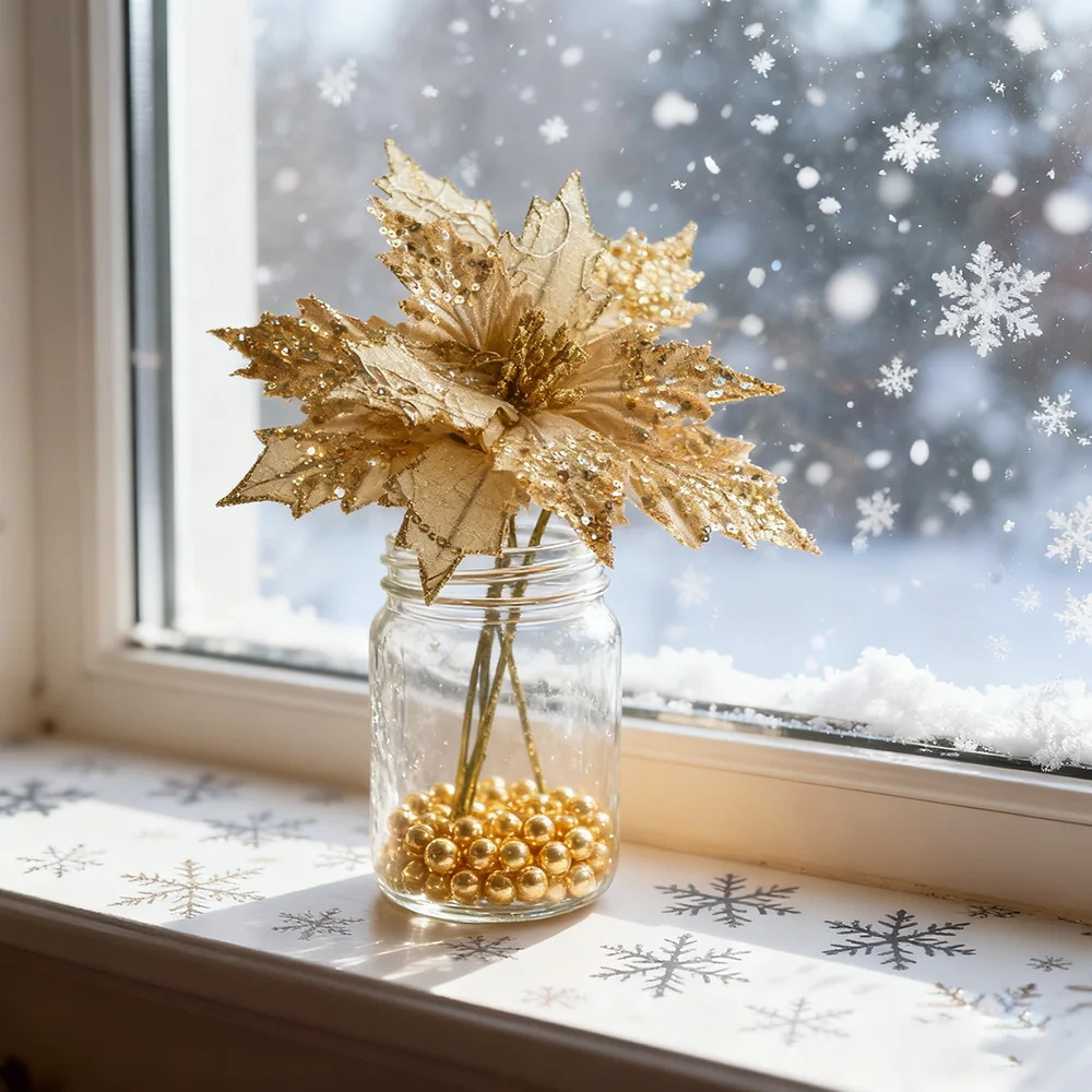 2 Stück künstliche Weihnachtsblumen, glitzernde und mit Pailletten verzierte Weihnachtssterne aus Stoff, künstliche Weihnachtsblumen zum Selbermachen – Detail 8